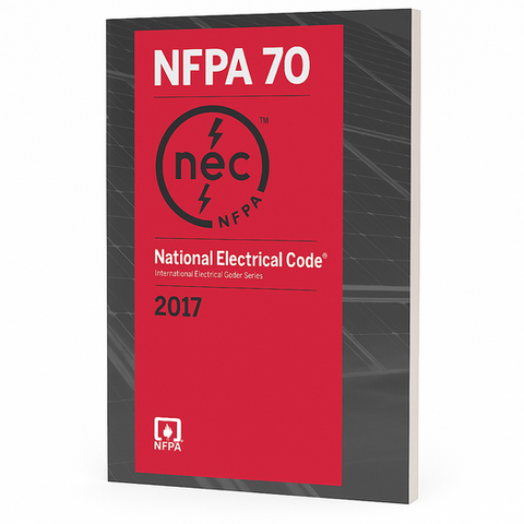 Book titled 'NFPA 70 National Electrical Code 2017' with red cover and black text on a white background